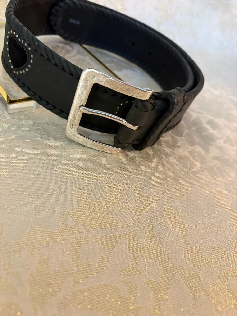 Brighton Gray and Black Heart Belt with Heart Stud Accent and Whipstitch Edges